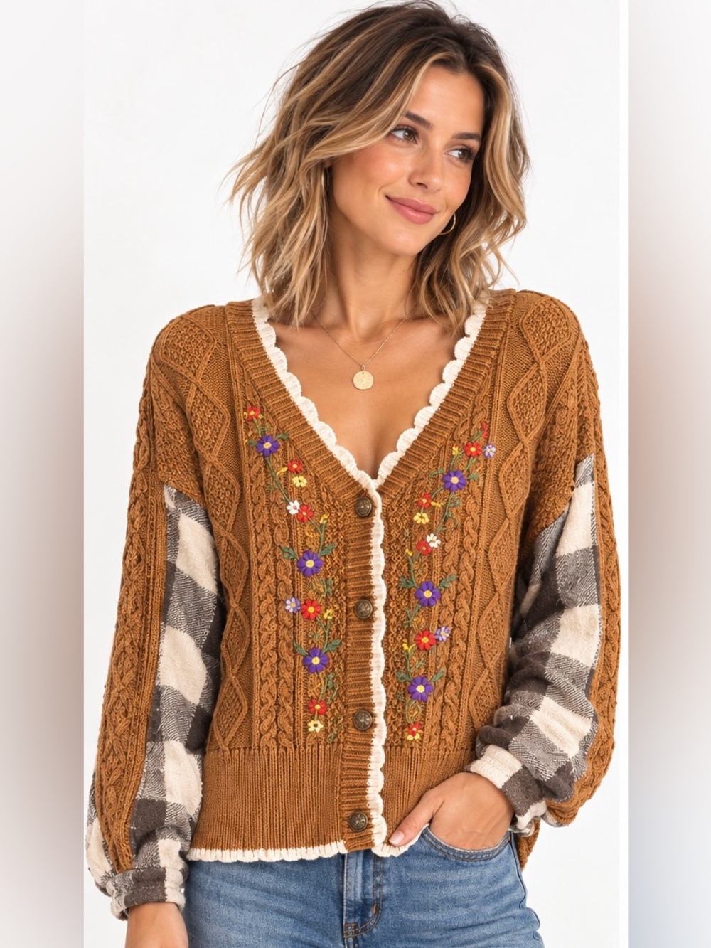 POL Embroidered Cable Knit Plaid High Low Cardigan Sweater Boho S